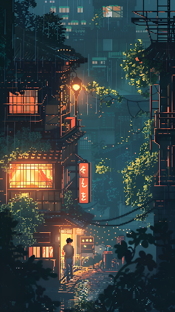 Lofi Pixel Art Rainy Japanese Alleyway with Warm Window Glow - Free mobile Wallpaper