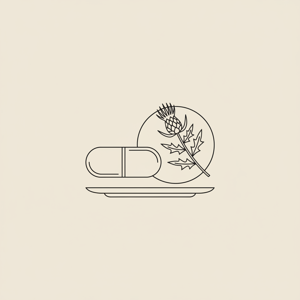Which supplement is best for weight loss? Minimalist 2D vector line illustration of a capsule beside a small plate and milk thistle sprig on a beige background.