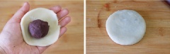 Cán tròn bột, mép ngoài mỏng, phía trong hơi dày. Ấn dẹp phần bột rồi đặt nhân đậu vào chính giữa, gói kín lại. Sau đó ấn dẹp bánh.