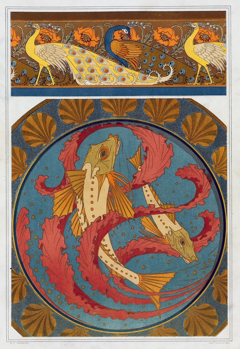 Paons et pavots bordure Grondins algues et coquilles plat en émail cloisonné 189