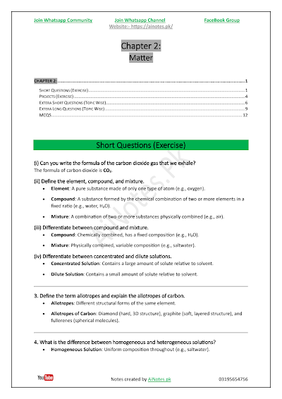FBISE Class 9 Chapter 2 Matter