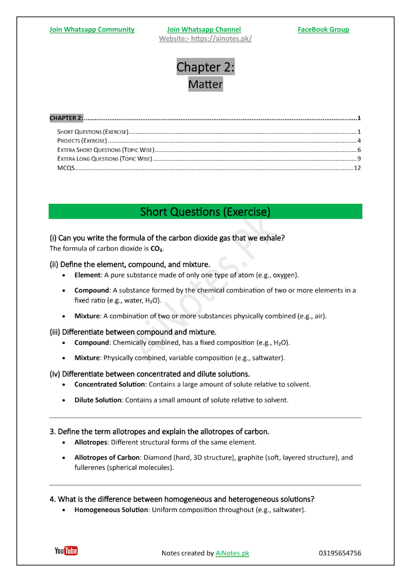 FBISE Class 9 Chapter 2 Matter