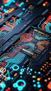 Abstract High Tech Circuit Board with Glowing Neon Lines