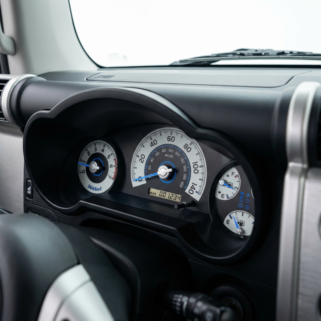Close up of dashboard and odometer showing verified low mileage on a fj cruiser for sale with CarFax Deals blue accents and clean white background