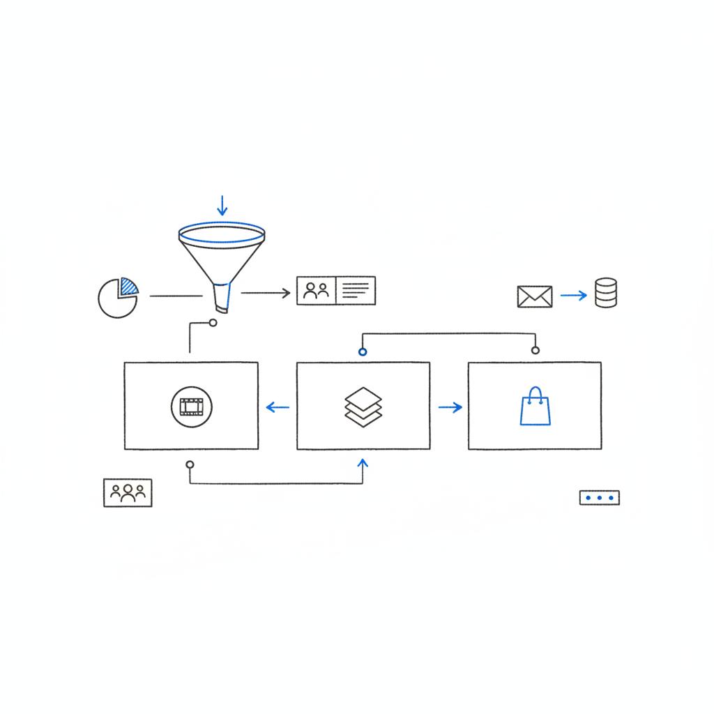 Top-down minimalist vector planning desk with cards for reels, carousel and shopping, a hand-drawn funnel and icons for email list and server-side events &mdash; How do companies advertise on Instagram?