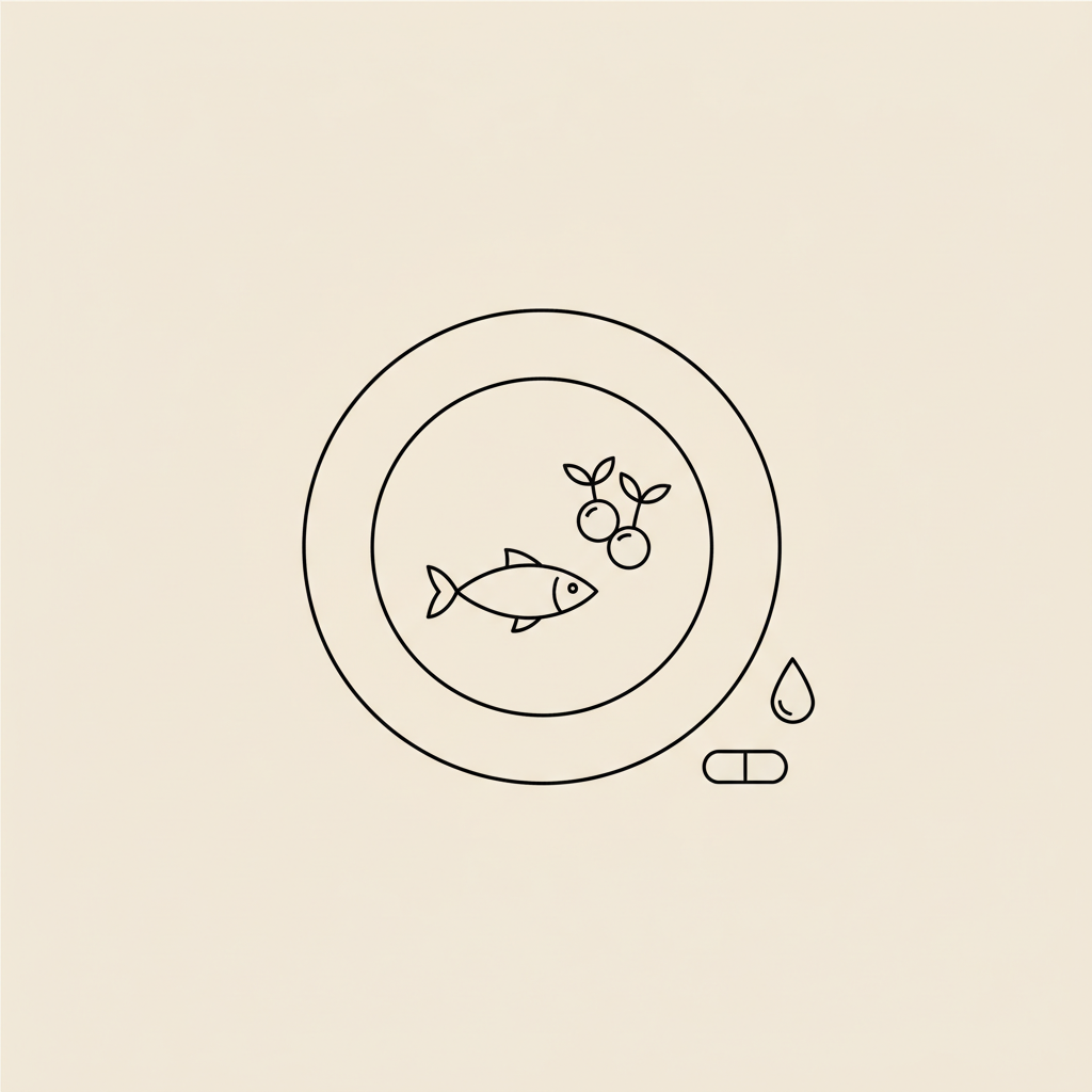 Minimal vector line illustration of a balanced plate with fish, berries, a capsule and water droplet on beige background — metabolic fat flush