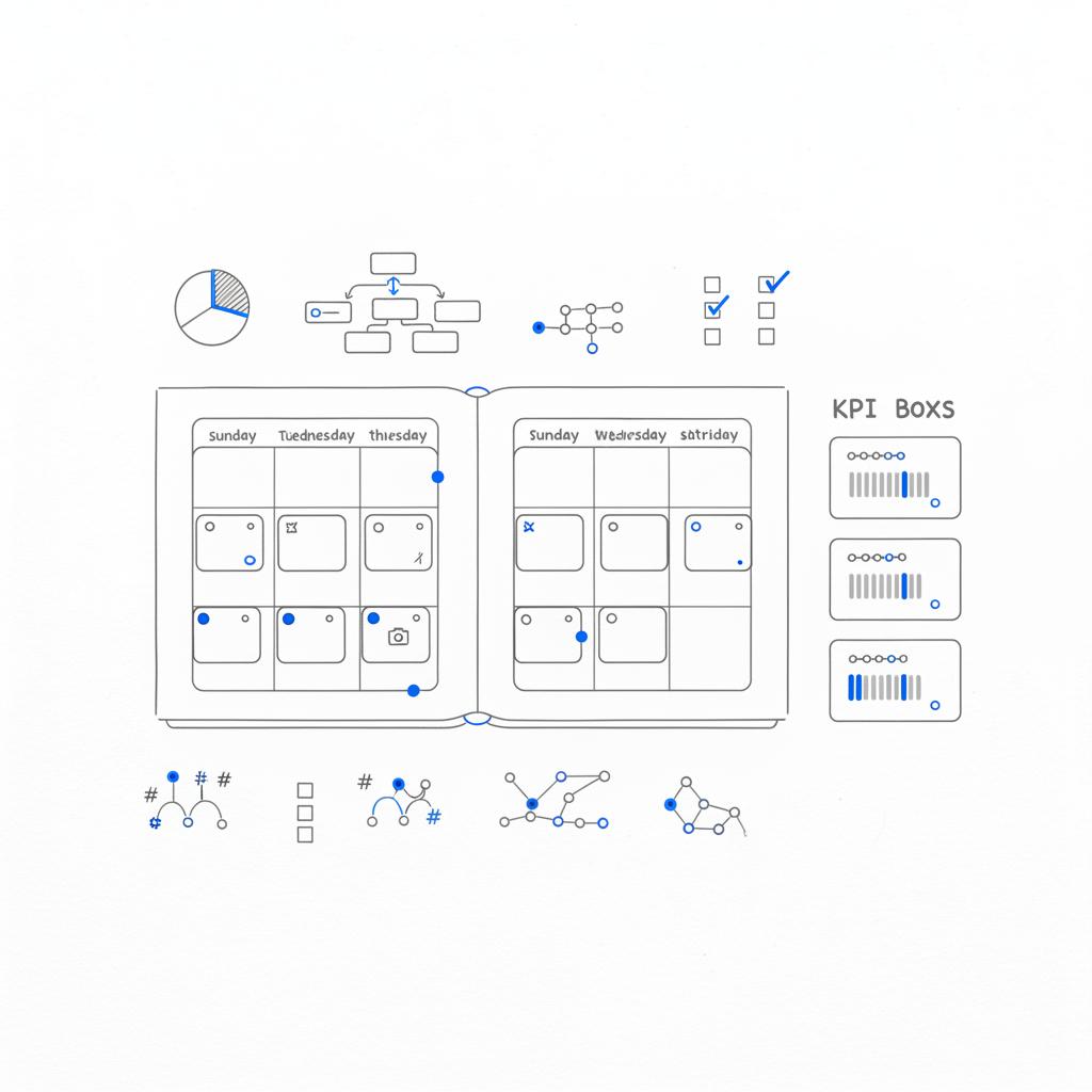 Minimalist 2D vector weekly content planner page with hand-drawn thumbnails, hashtag clusters and KPI boxes in Agency Visible colors, designed to support 30 followers a day