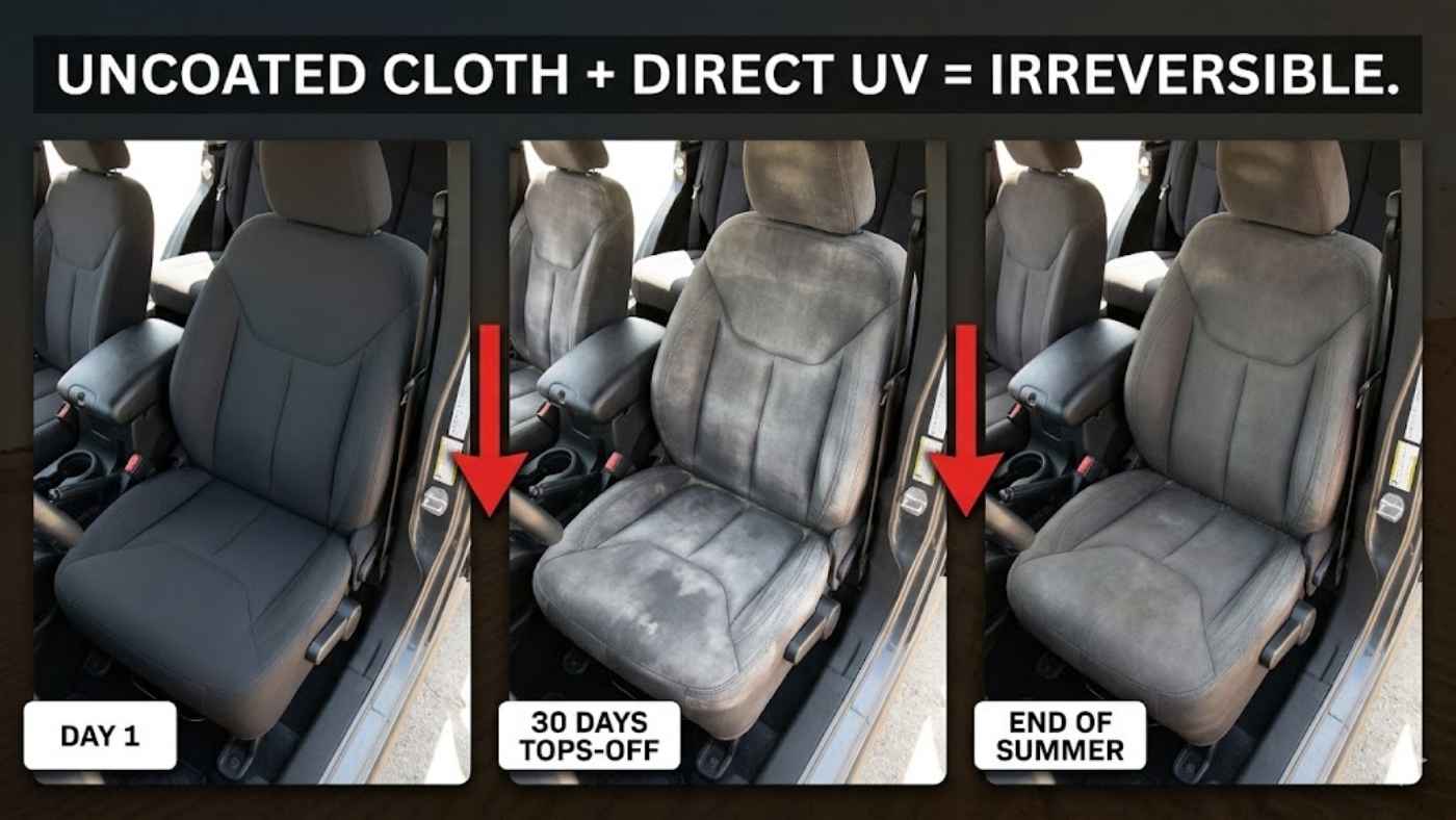 Comparison of Jeep Wrangler Sport S cloth seats showing severe UV fading after one tops-off summer outdoor use.
