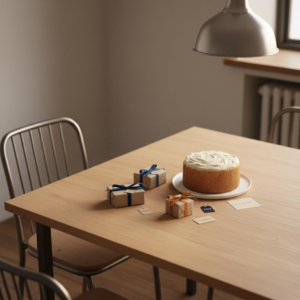 Nahaufnahme Esstisch mit sorgfältig verpackten Geschenken und einfachem Vanillekuchen, Fokus auf Metallanhänger und Karten – was sagt man zum jahrestag partner