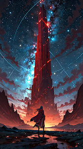 Lone Figure Gazing at Glowing Red Tower Under Starry Sky