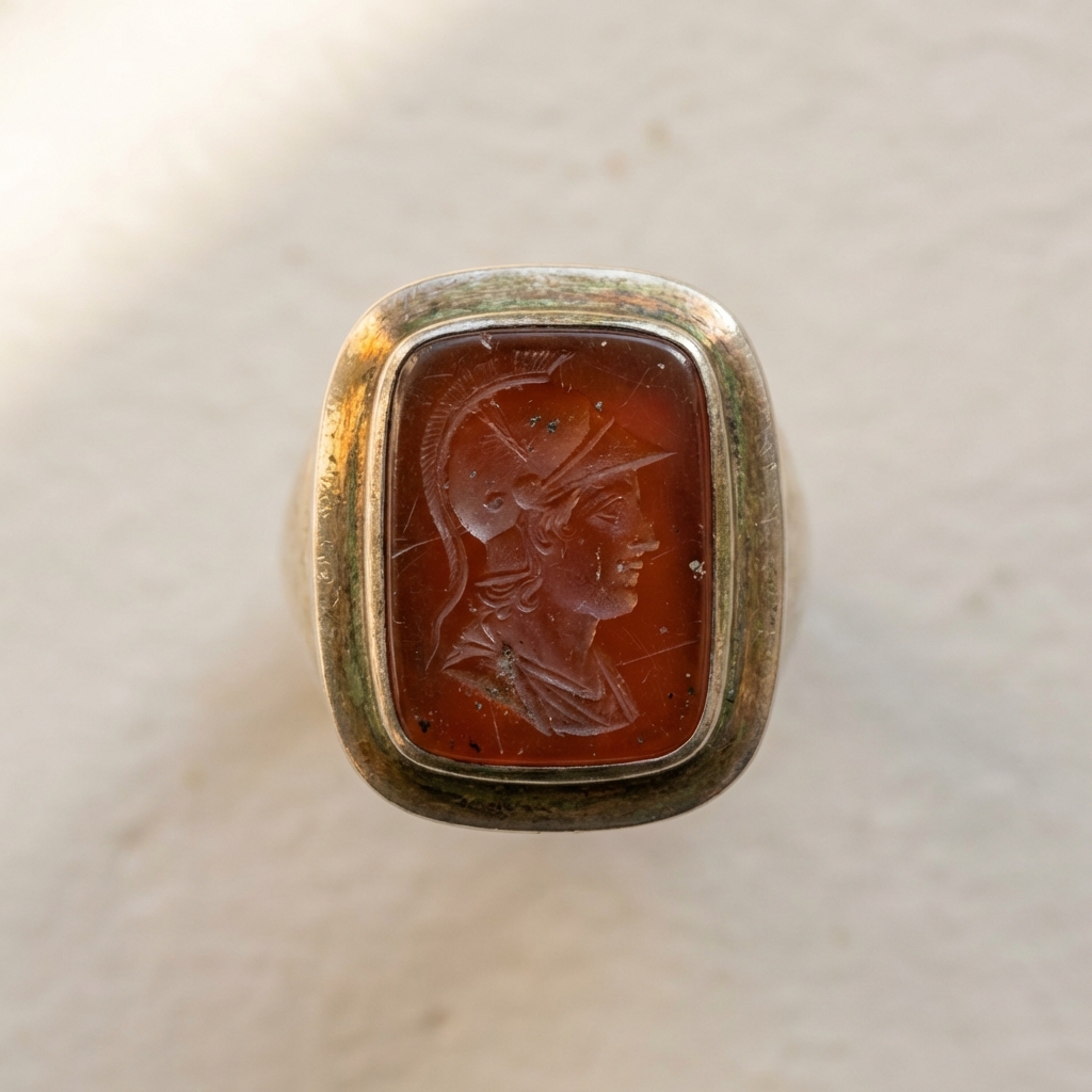 Macro photograph of ancient roman jewelry artifacts a worn intaglio gemstone in a silver bezel showing surface wear and subtle patina on the metal against a minimal beige background
