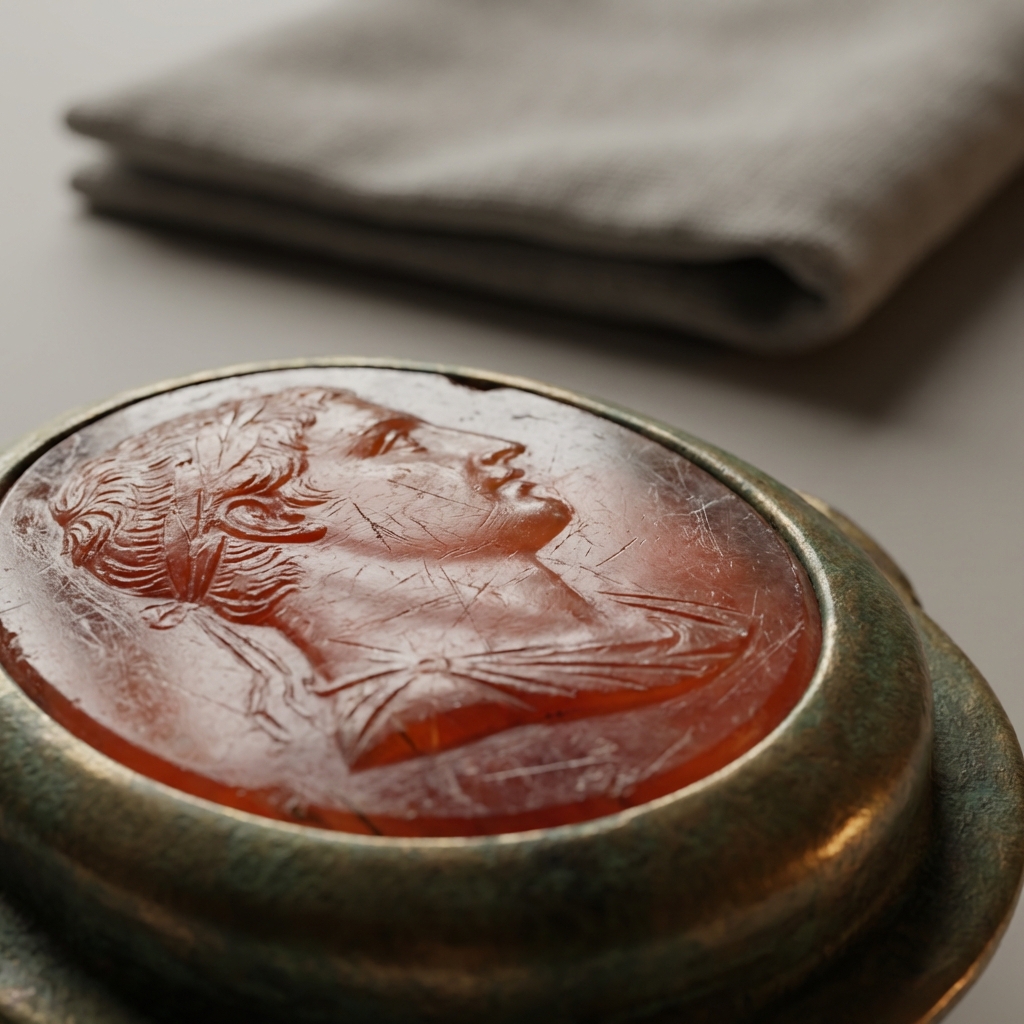 Macro close up of a carnelian intaglio portrait set in an aged bronze bezel showing visible tool marks and carved details museum style photograph for roman empire jewelry