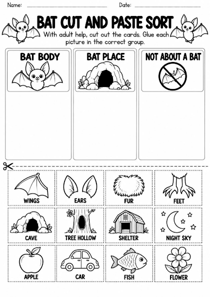 Bat Cut and Paste Sort Worksheet