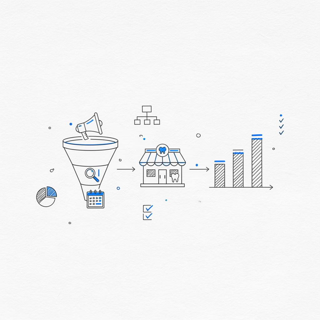 Minimal 2D vector sketch of a dental marketing funnel and cost-per-lead bar chart on a white textured page illustrating how much do dentists spend on advertising