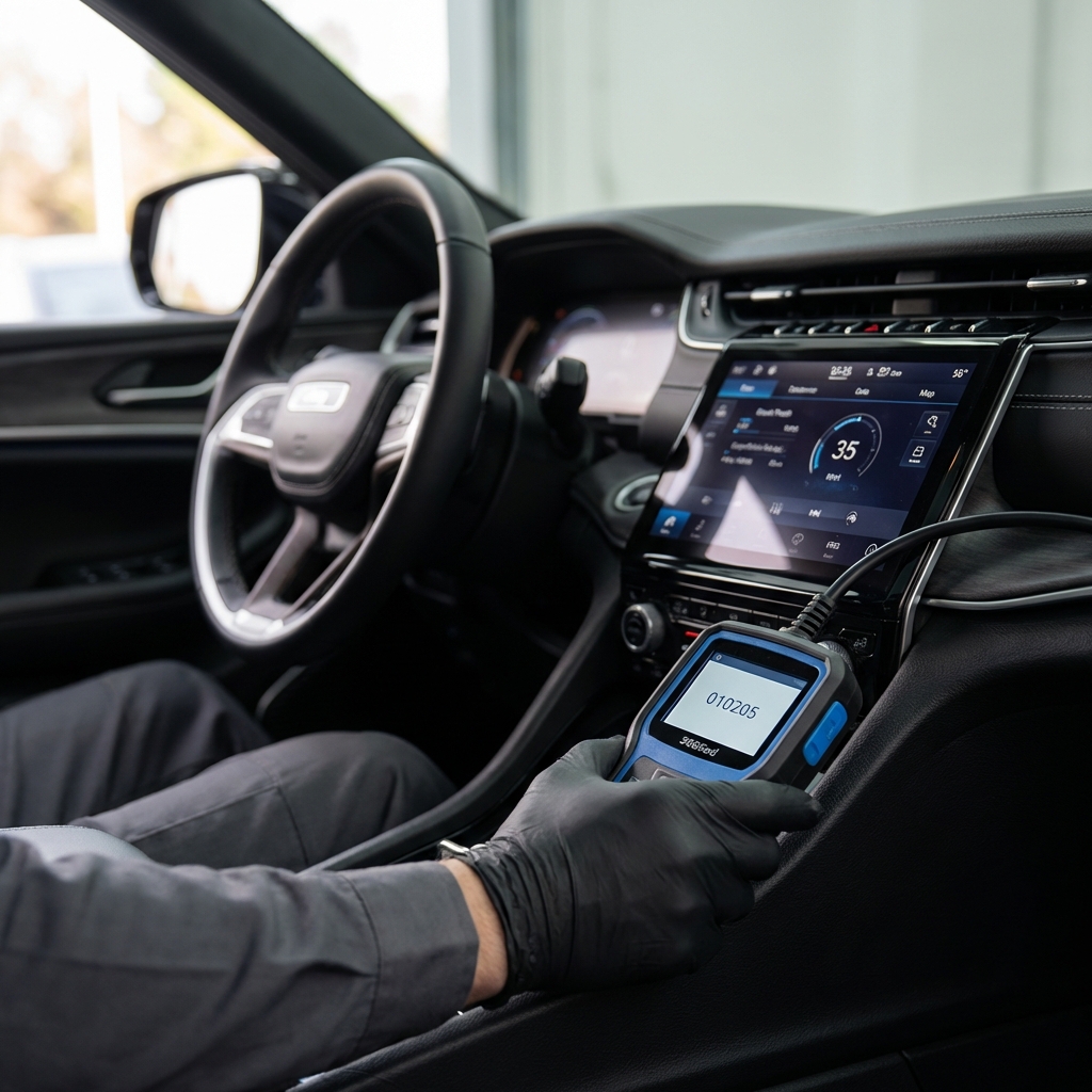 Close up of technician using OBD II scanner on Jeep Grand Cherokee dashboard with infotainment screen visible for jeep grand cherokee for sale