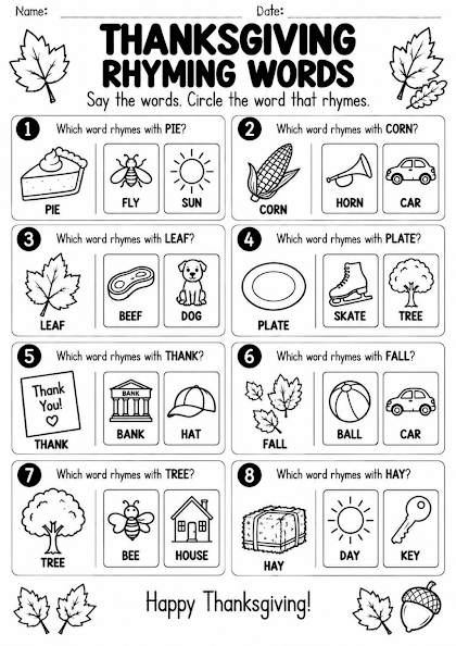 Thanksgiving Rhyming Words Worksheet