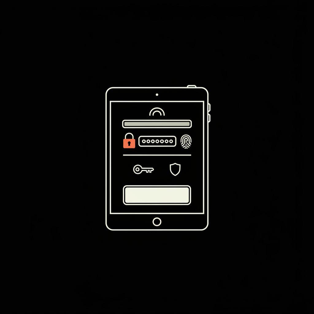 Minimal 2D vector infographic of a device vault with padlock and fingerprint icons, illustrating how to view saved facebook password