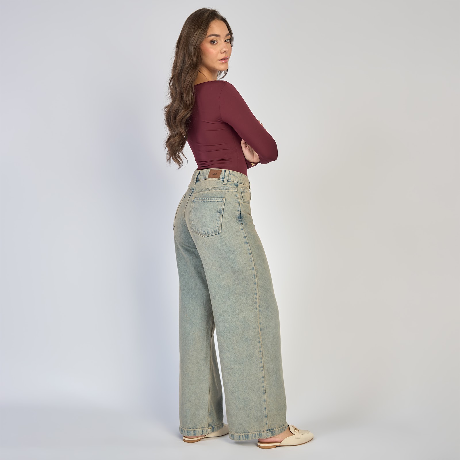 Jean dama wide leg tiro alto rígido, color Azul dirty - Vista 7
