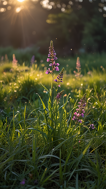 Purple Wildflowers in Golden Hour Meadow Sunlight Bokeh - Free mobile Wallpaper