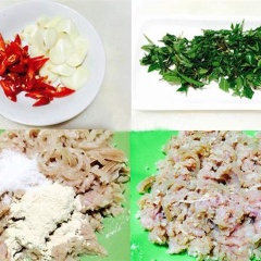 Rửa sạch ớt cắt lát mỏng, phần tỏi còn lại cũng cắt lát mỏng để riêng. Rửa sạch lá đinh lăng, cắt rối để riêng. Dùng 1 thau to cho thịt xay với tỏi vào, cho da heo cắt sợi, thính gạo, hạt tiêu, đường và 1 muỗng cà phê hạt nêm vào trộn đều, trộn kỹ để các nguyên liệu quánh vào với nhau và đều vị.