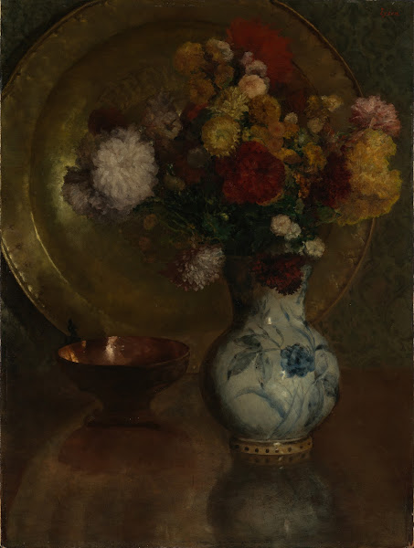 Blumenstilleben mit Messinggefäßen und Delfter Kanne 1882