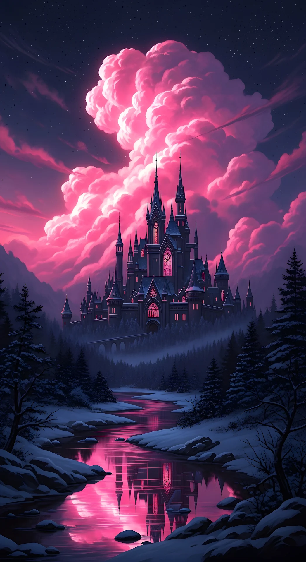 Gothic Castle Under Neon Pink Clouds and Winter River - Free 4K mobile Wallpaper