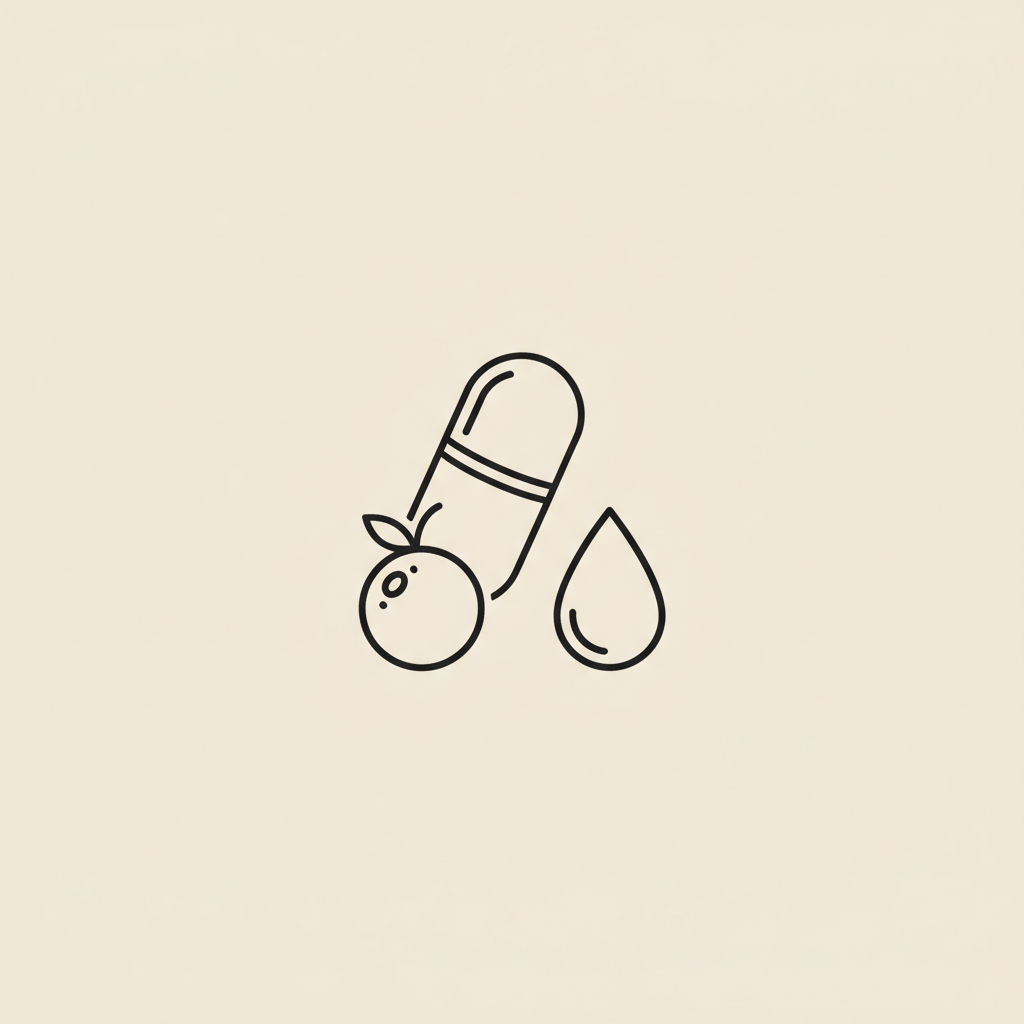 Minimal Tonum-style line illustration of a capsule, berry, and water droplet on beige background representing insurance coverage for weight loss medication and daily healthy habits.