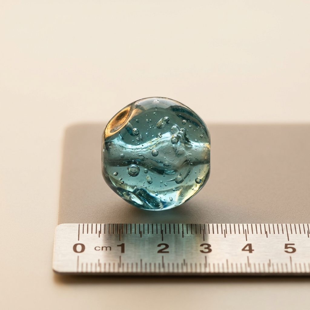 Macro backlit photo of a blue green glass bead with irregular bubbles and variable thickness beside a ruler for scale on a minimalist beige background roman glass jewelry