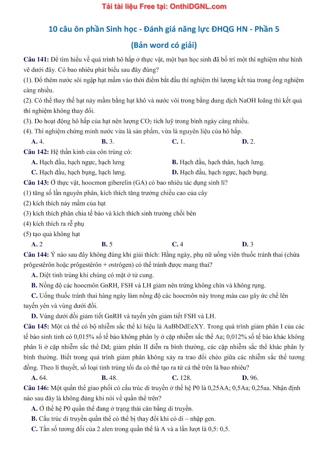 150 bài tập môn Sinh học - Ôn thi ĐGNL ĐHQG HN Phần 5