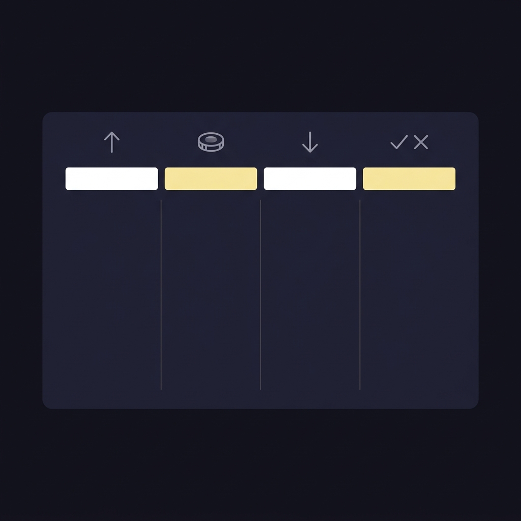 Minimalist 2D vector dashboard depicting betting line movement as four column panels for opening price bet price closing price and result on a dark Funded Plays style background
