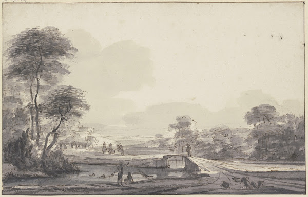 Landschaft mit Bach und Brücke im Wasser Badende