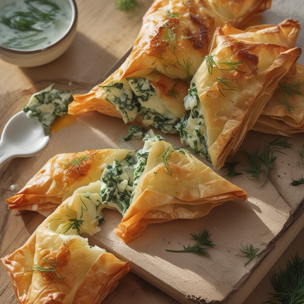 Filo-Crusted Feta & Spinach Protein Triangles with Dill-Lemon Yogurt Dip