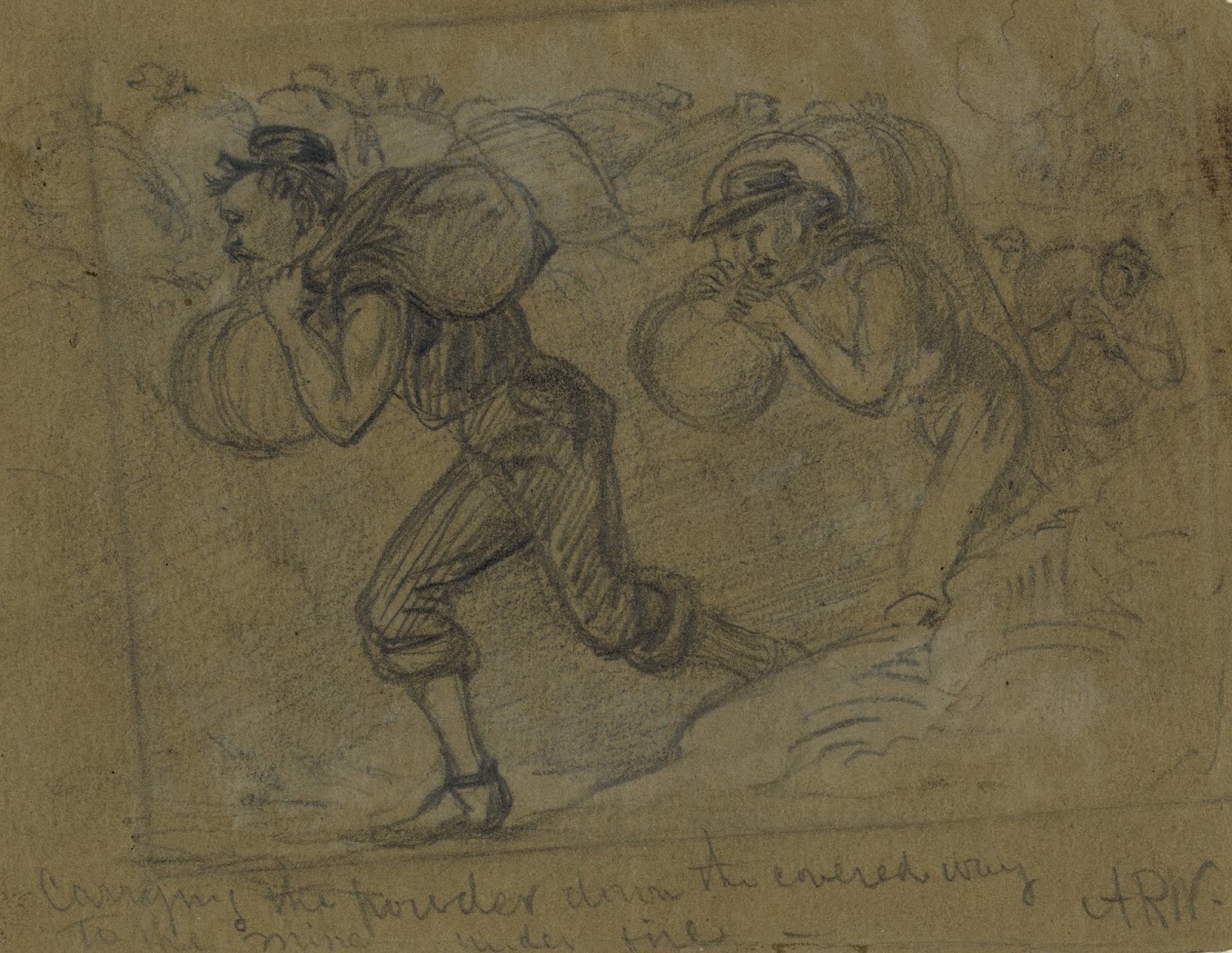 Carrying the powder down the covered way to the mine under fire 1864