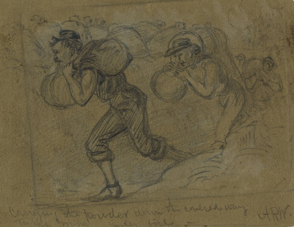 Carrying the powder down the covered way to the mine under fire 1864