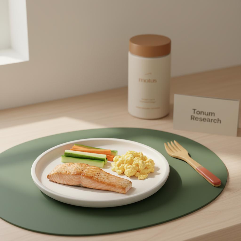 Child-sized plate with grilled salmon, scrambled egg and vegetable sticks on a minimalist placemat, Tonum supplement jar visible on counter illustrating taurine benefits for children