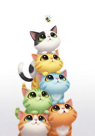 Whimsical Stack of Curious Cats