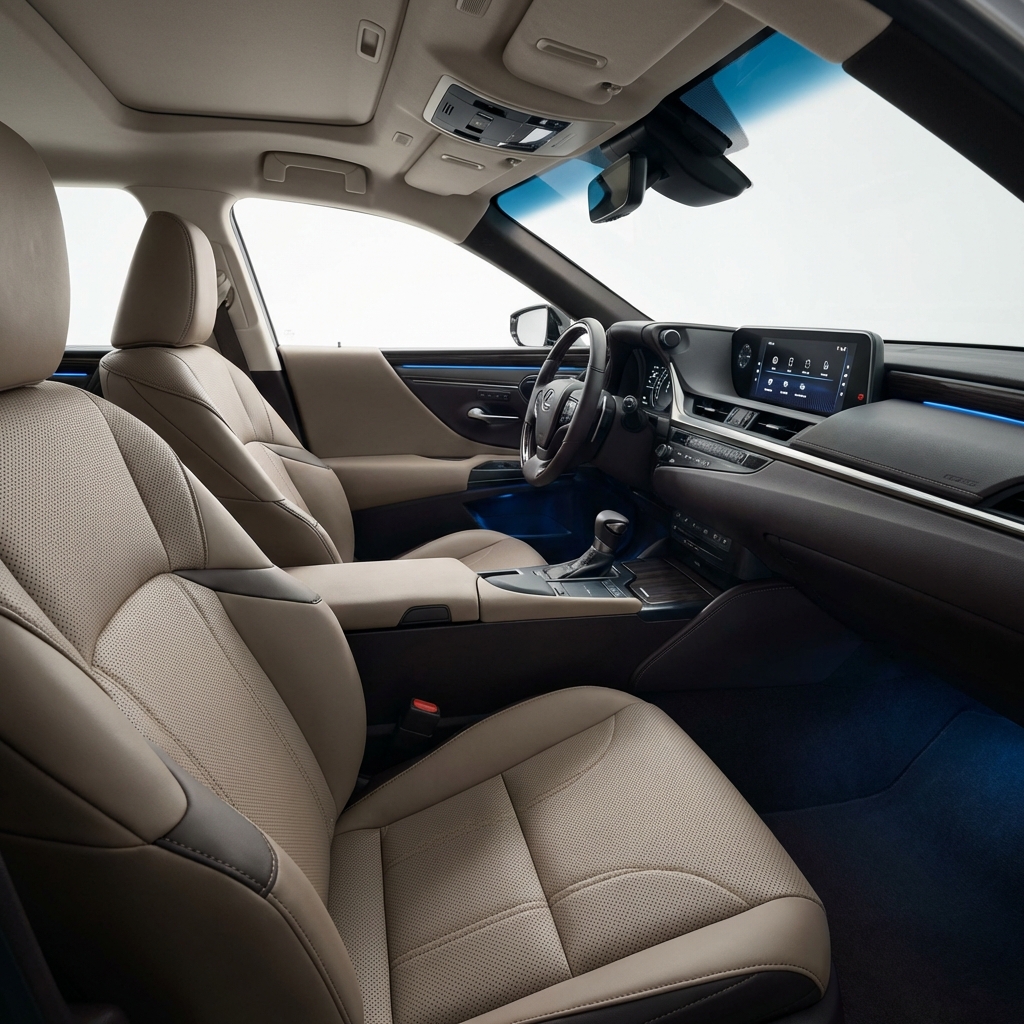 Front interior of a Lexus ES 350 for sale showing leather front seats dashboard and infotainment screen in a clean bright studio with subtle blue accents