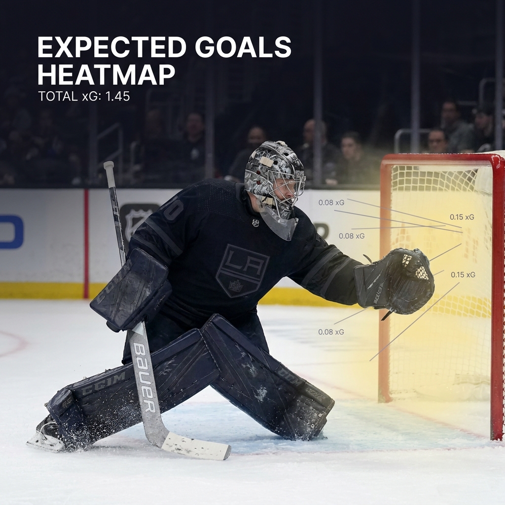Close up of a hockey goalie with expected goals heatmap shot map overlay and subtle analytic annotations in Funded Plays minimalist dark style for puck line betting insight