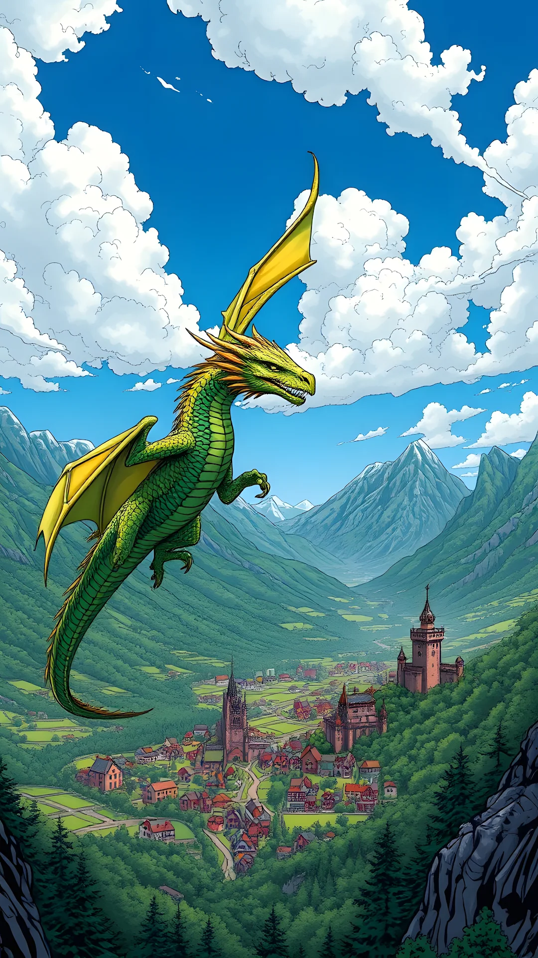 Green Dragon Over Medieval Valley - Free 4K mobile Wallpaper