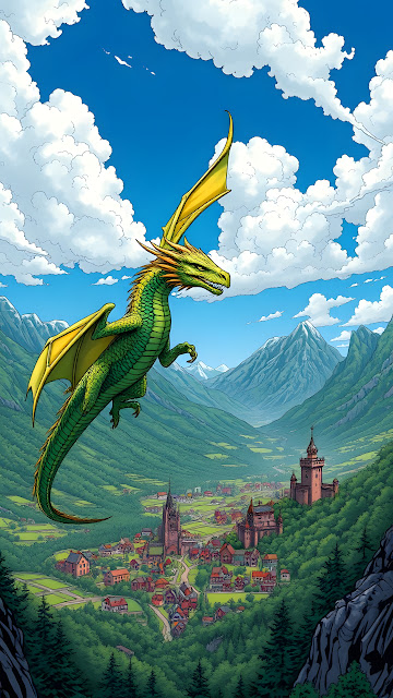 Green Dragon Over Medieval Valley - Free mobile Wallpaper