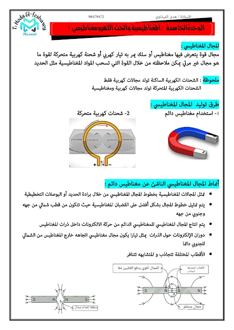 ملخص للوحدة الخامسة الحث الكهرومغناطيسي - إعداد هدى الفيشاوي - فيزياء الصف 12 الفصل 1