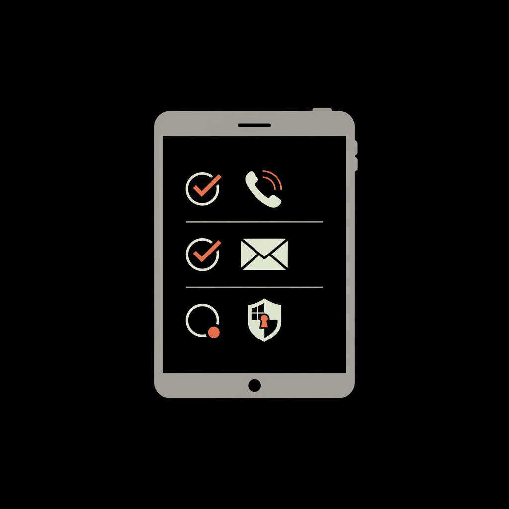 Minimal 2D vector infographic of a tablet checklist with icons for recovery phone, recovery email, and authenticator backup codes to regain access to my Yahoo email account