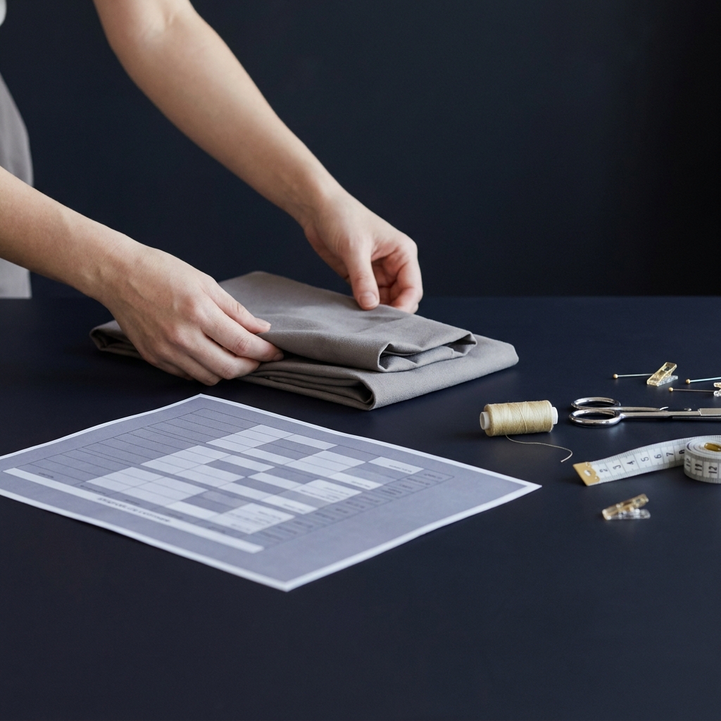 Close up of hands arranging a costume and a printed rehearsal schedule on a dark studio table in Funded Plays palette showing odds of winning nfl