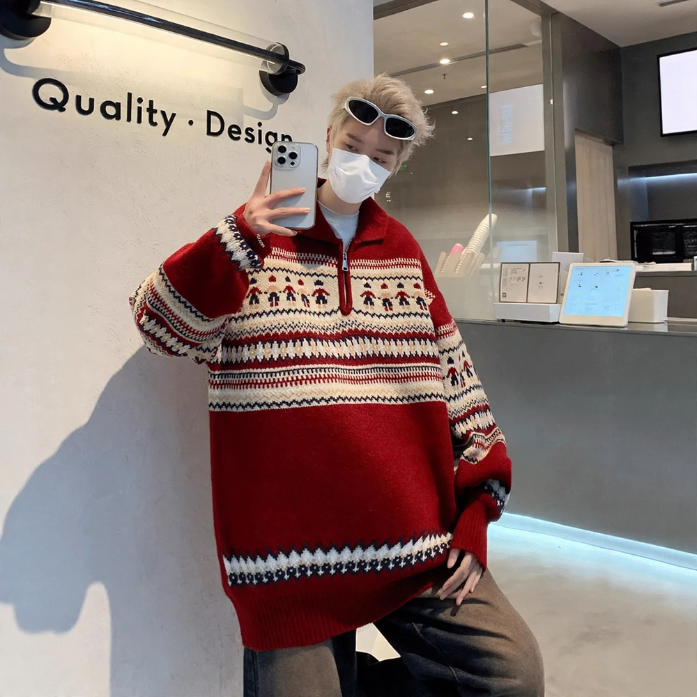 Christmas Knitted Sweater, Polo Collar, Vintage Style