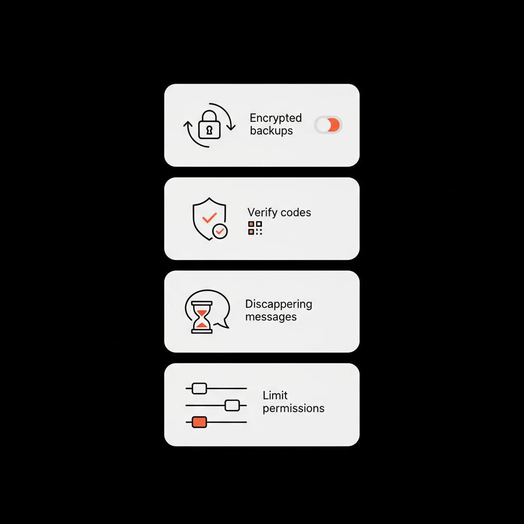 Minimal 2D vector checklist infographic of secure chat features: encrypted-backups toggle, verify-codes shield, disappearing-messages timer, and limit-permissions sliders for safest chat app for privacy.