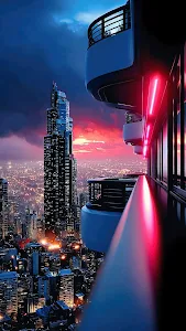 Neon Balcony View Over Futuristic City Skyline Sunset
