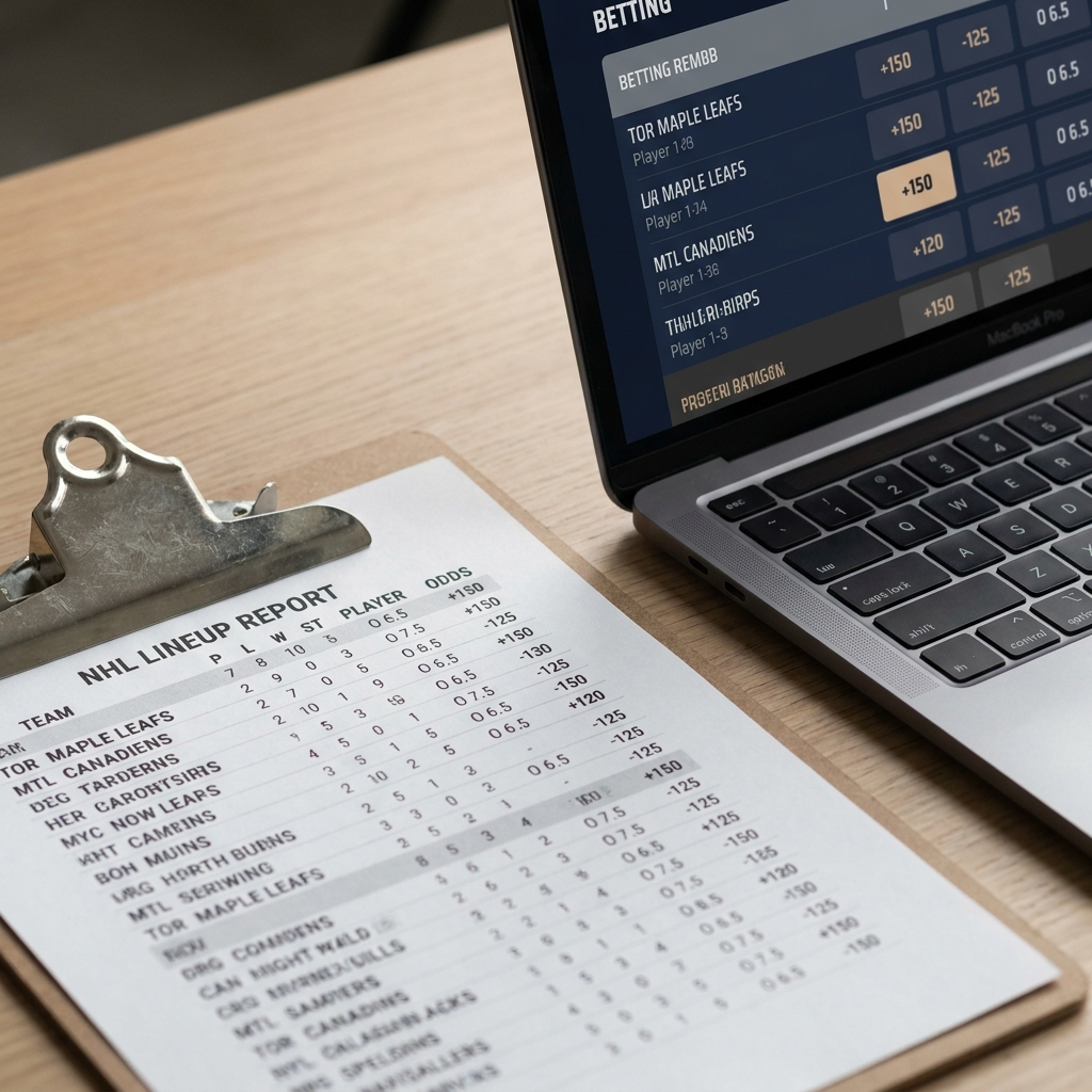 Close up of a printed lineup report on a clipboard next to a laptop showing live odds for Trading NHL Games After Goalie Confirmation minimalist Funded Plays desk with dark navy background and soft beige accents