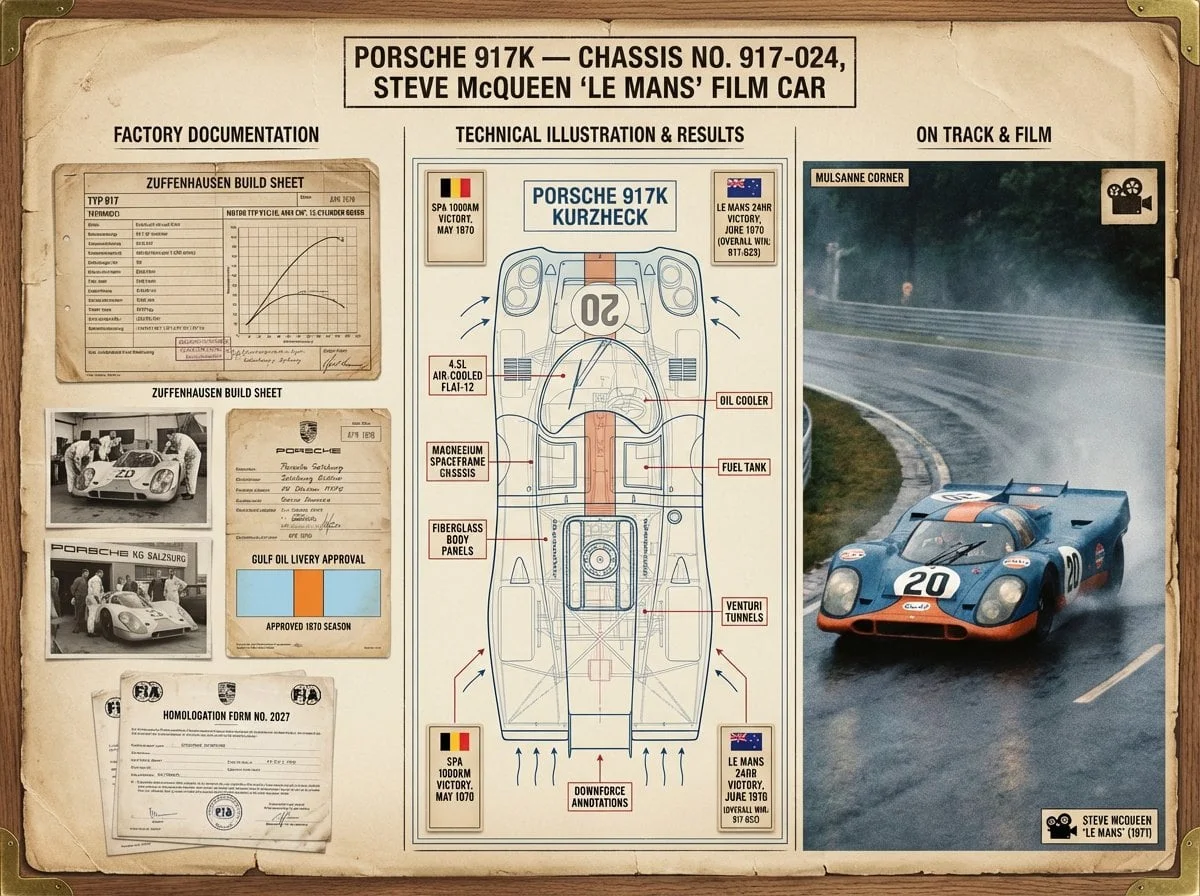 Un panel de documentación del historiador de la marca para [VEHICLE] — [MODELO / VARIANTE / AÑO].