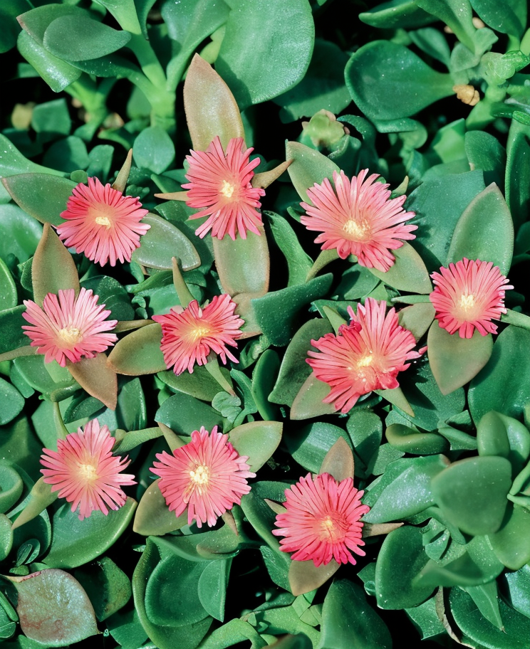 Aptenia cordifolia con fiori fucsia brillante che ricopre un terreno roccioso sotto il sole