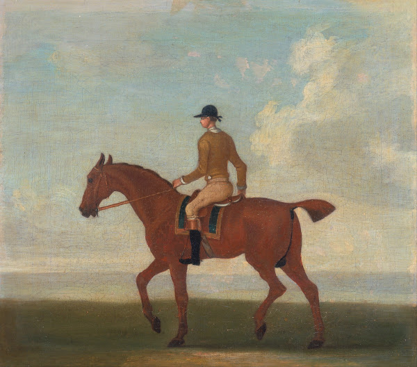 One of Four Portraits of Horses a Chestnut Racehorse with Jockey Up  walking to